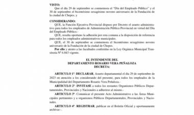 Decretan Asueto el 29 de Septiembre para empleados de la administracón publica provincial y municipal