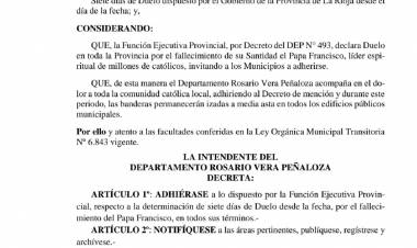 Siete días de duelo: el gobierno departamental adhiere al decreto establecido por el gobierno provincial