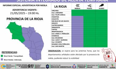 Difunden alerta por niebla para casi todo el territorio provincial