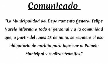 Desde el lunes será obligatorio el uso de barbijo en la Municipalidad de Felipe Varela