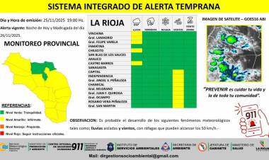 Difunden alerta amarilla por lluvias, tormentas y vientos en gran parte de La Rioja para este martes y miércoles