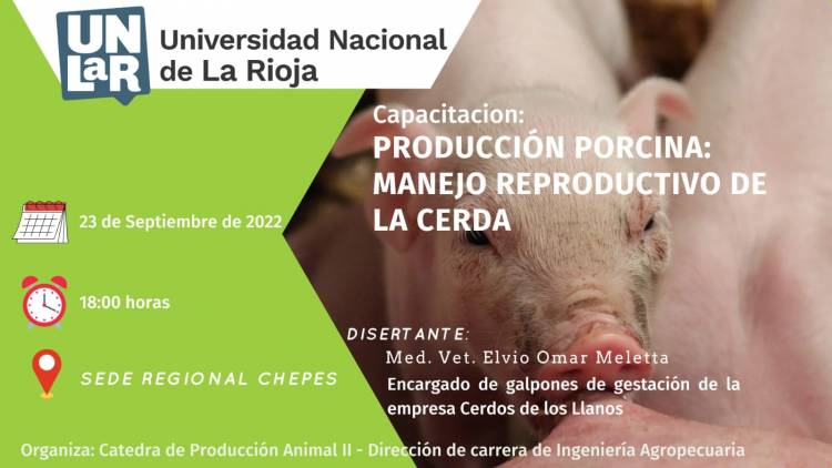 Chepes: La UNLaR Sede Regional Chepes dictara este viernes una capacitación de Producción Porcina.