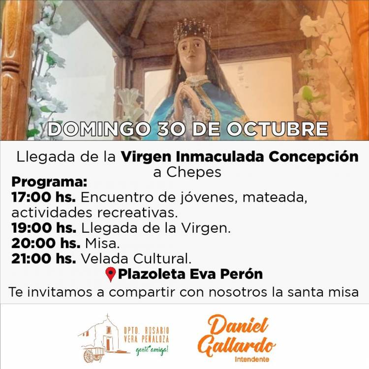Chepes: Este domingo tendremos la visita de la Virgen Inmaculada Concepción en la Plazoleta Eva Perón.