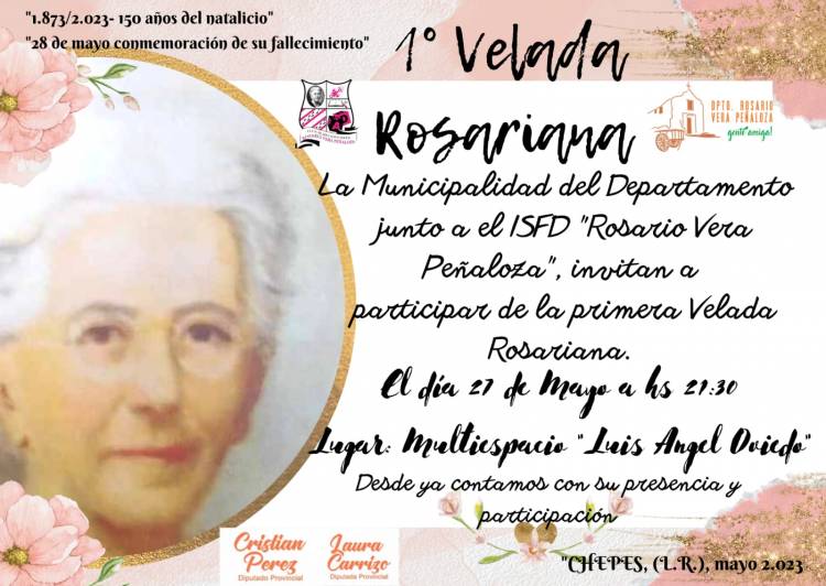 Chepes: 1° Velada Rosariana en Multiespacio “Luis Ángel Oviedo” este sábado 27 de mayo.