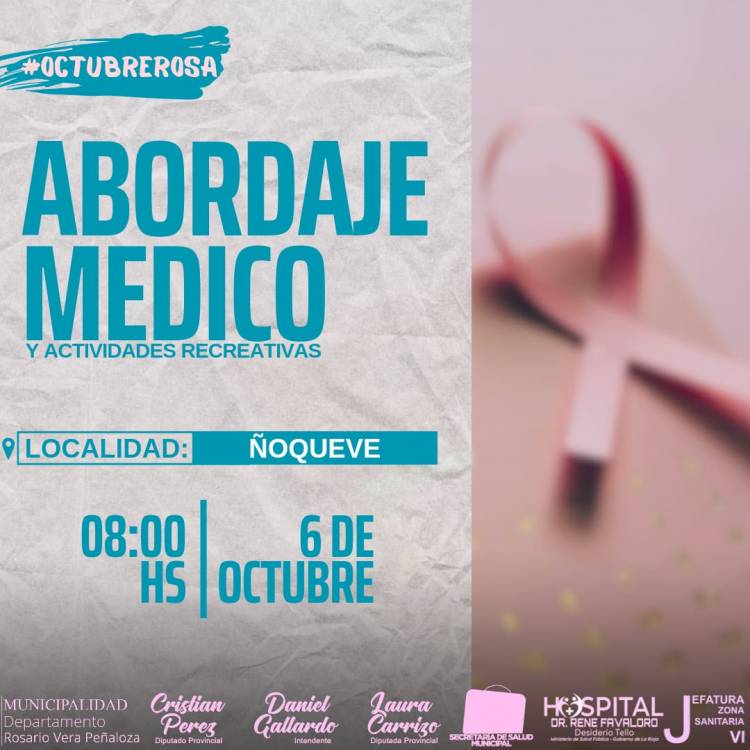 Octubre Rosa: se realizará abordaje médico en Ñoqueve
