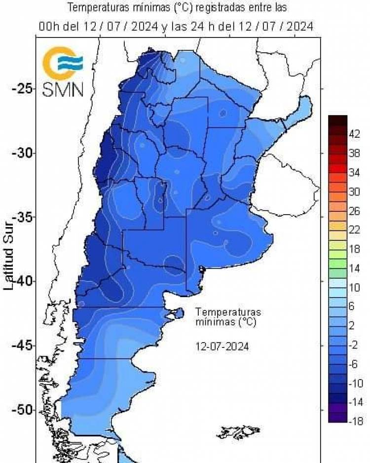 Temperatura para este 12 de julio - bajo cero en casi todas las provincias argentinas