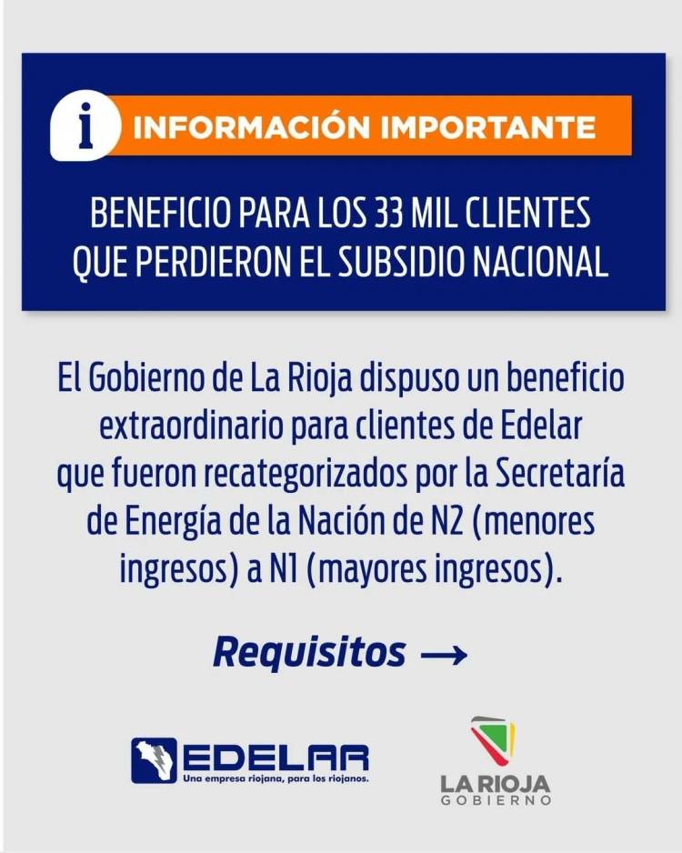 El Gobierno de La Rioja dispuso un beneficio para los 33 mil clientes de Edelar que perdieron el subsidio nacional. 