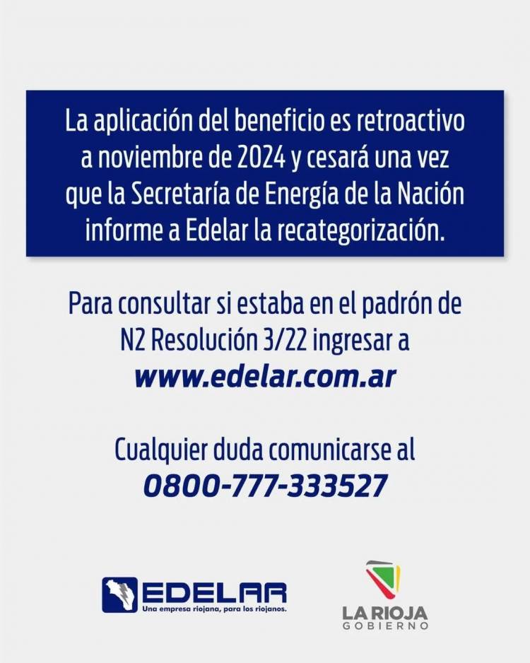 El Gobierno de La Rioja dispuso un beneficio para los 33 mil clientes de Edelar que perdieron el subsidio nacional. 