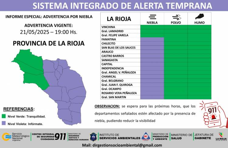 Difunden alerta por niebla para casi todo el territorio provincial