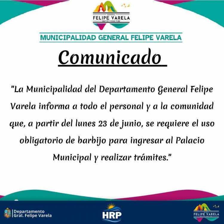 Desde el lunes será obligatorio el uso de barbijo en la Municipalidad de Felipe Varela
