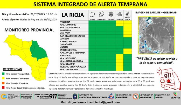 Difunden alerta por vientos para gran parte del territorio provincial
