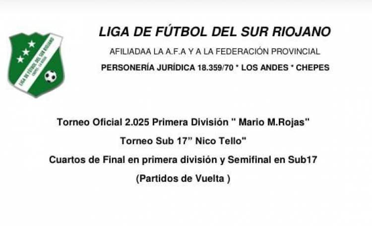 Liga Futbol del Sur Riojano: programación de partidos (vuelta) Sub-17 y Primera División