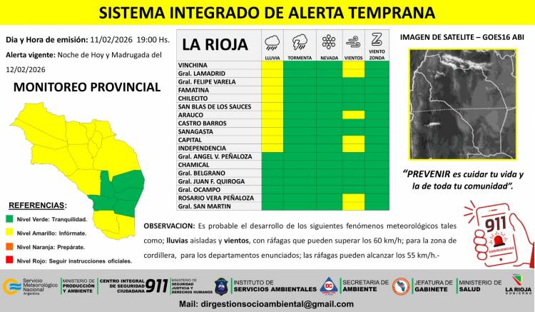 Difunden alerta amarilla por lluvias y vientos