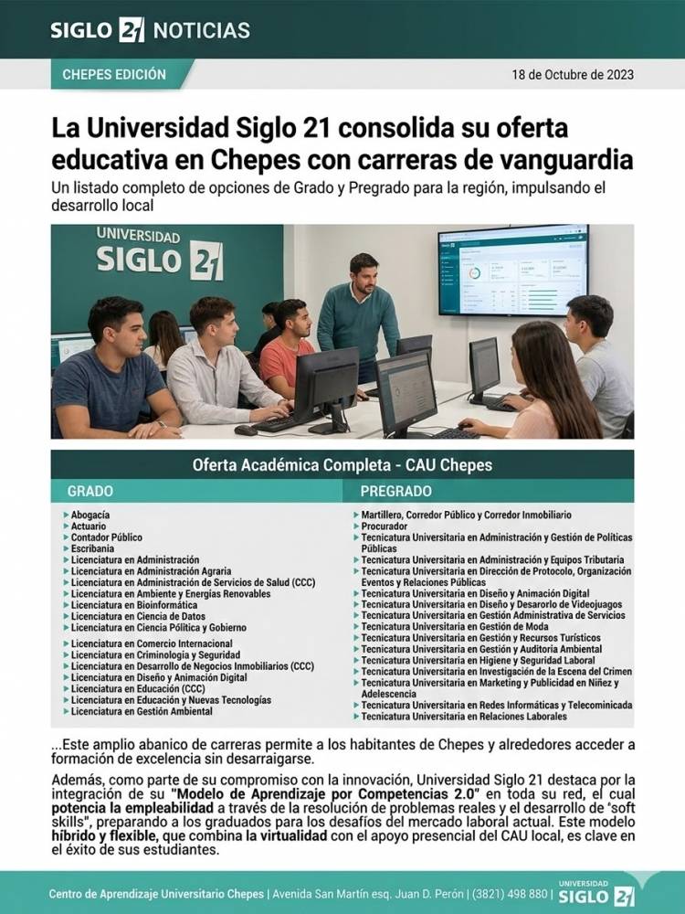 Universidad Siglo 21 fortalece su oferta académica en Chepes con más de 40 carreras