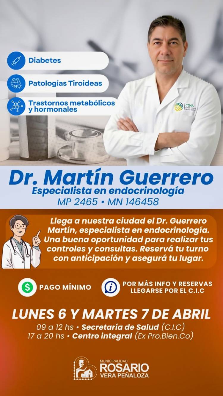 Salud en Chepes: El Dr. Martín Guerrero, especialista en Endocrinología, brindará atención en el departamento