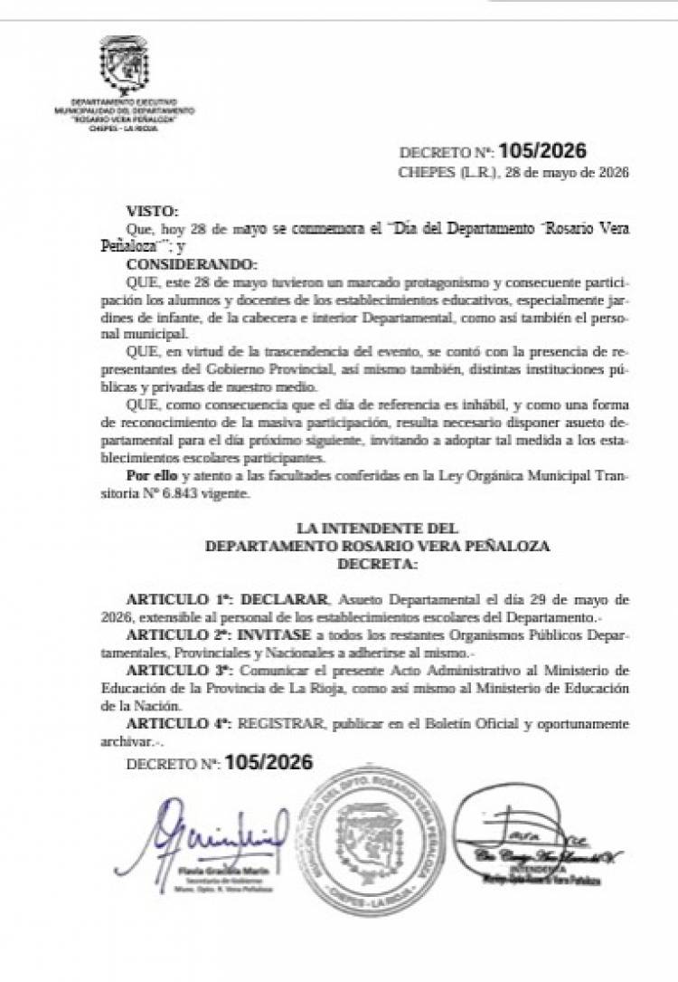 El Municipio decretó asueto departamental tras los festejos por el aniversario de Rosario Vera Peñaloza