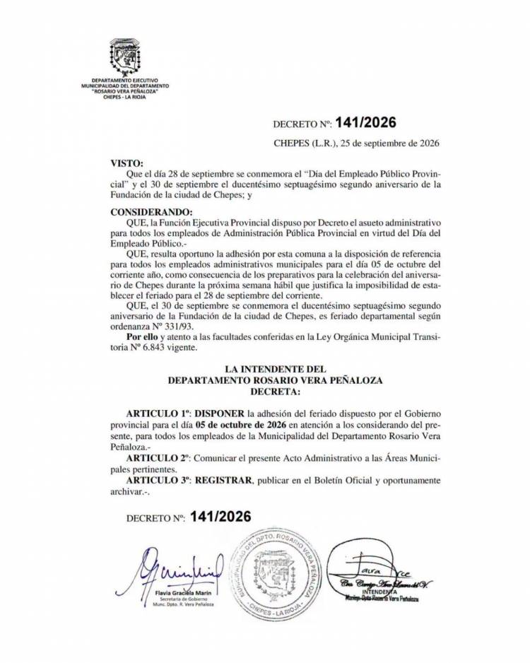 Feriado para los empleados municipales de Chepes